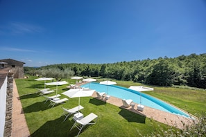 A swimming pool with lounge chairs and umbrellas, surrounded by a well-maintained lawn and trees.