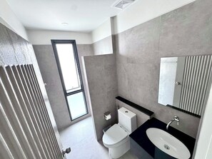 Hair dryer, towels, soap, shampoo