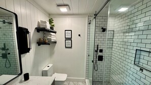 A bathroom with a white vanity, a toilet, a shower with glass walls, and a mirror. - Luxury Suite in the heart of downtown Blue Ridge (Blue Ridge)