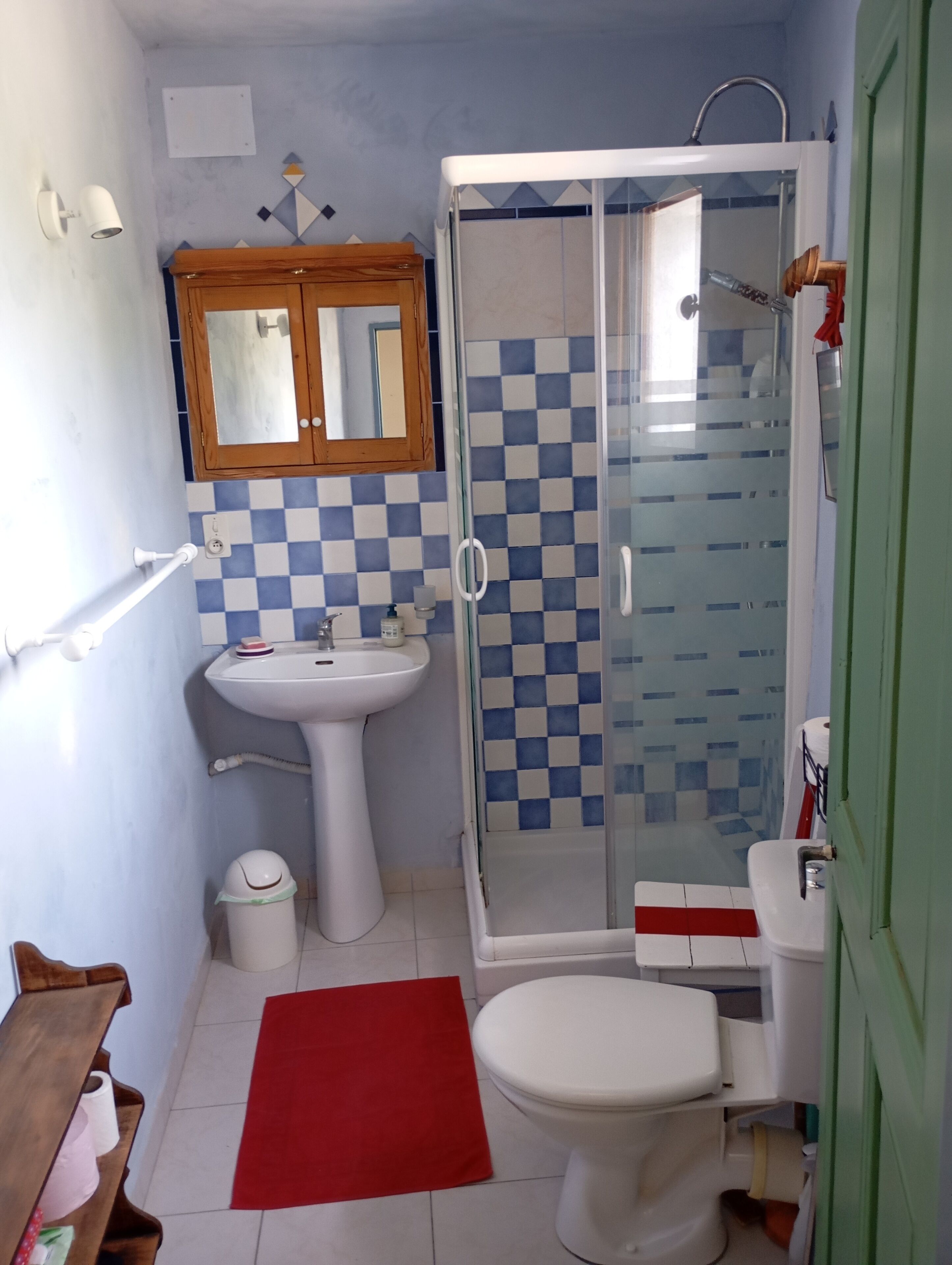 A bathroom with a sink, toilet, and glass-enclosed shower.