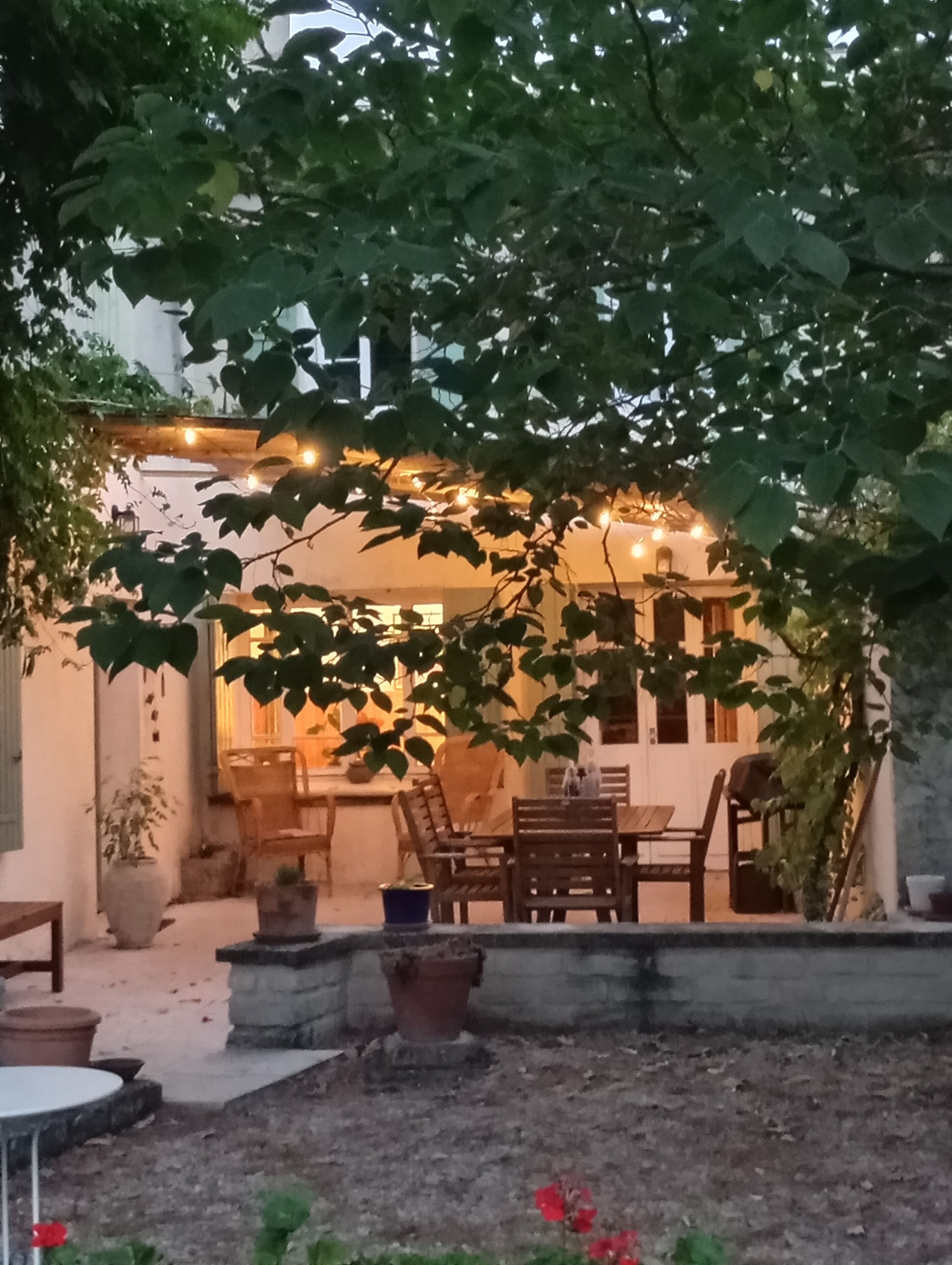 Un espace extérieur aménagé en terrasse, avec des meubles en bois, des plantes en pot et des guirlandes lumineuses.