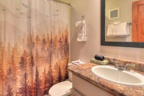 Eco-friendly toiletries, hair dryer, towels