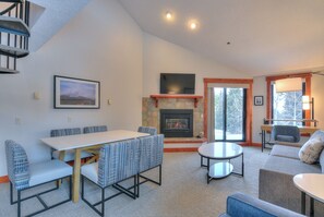 Smart TV, fireplace, DVD player, books