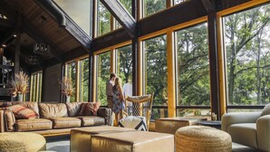 Un espacio habitable amplio con ventanas grandes, un sofá de cuero y un techo de madera.