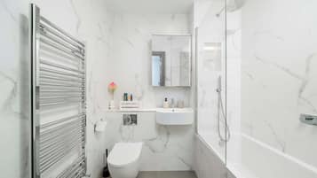 Shower, hair dryer, shampoo