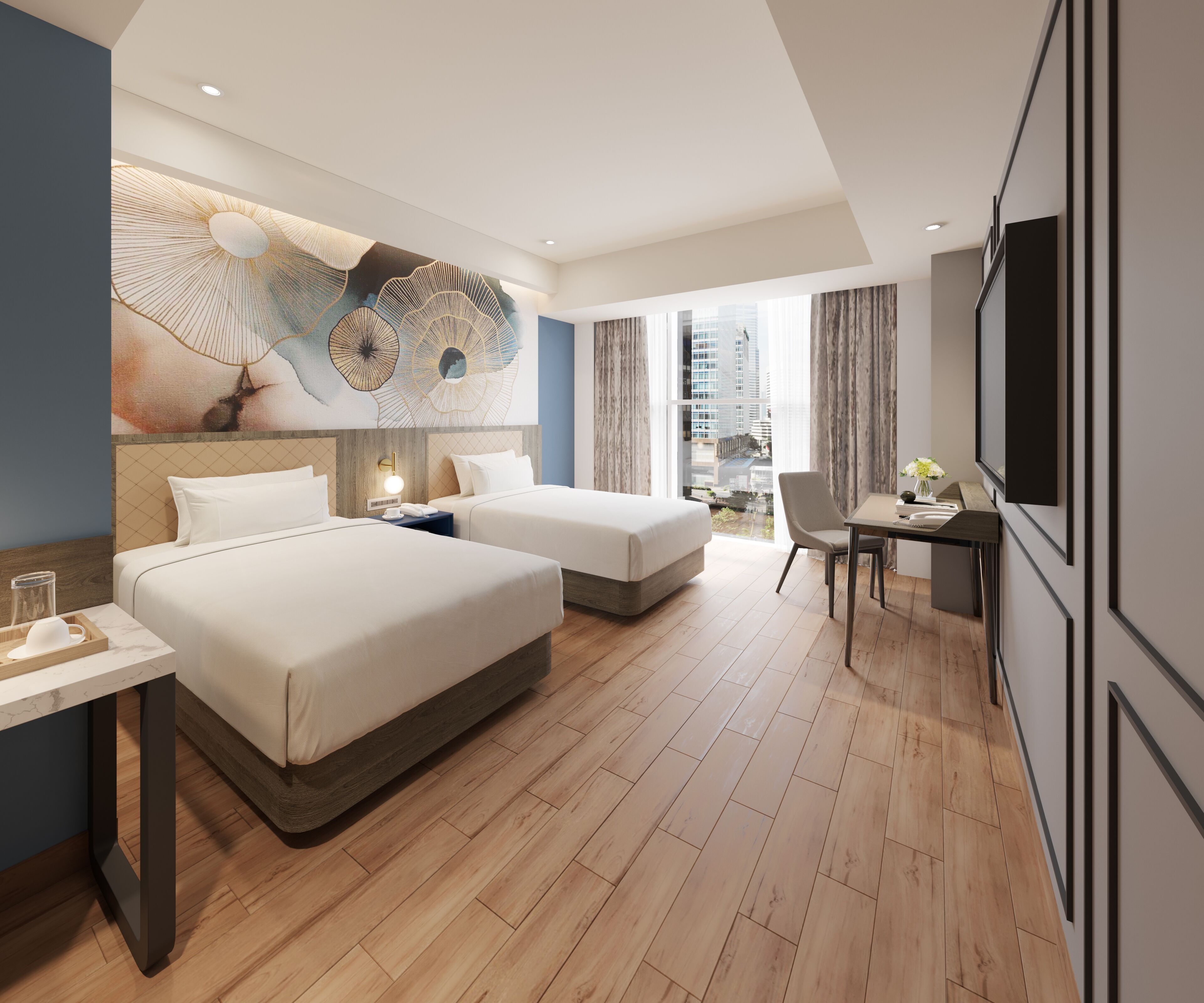 Luxe beddengoed, een kluis op de kamer, een bureau