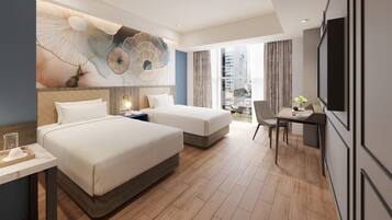 Ropa de cama de alta calidad y caja de seguridad en la habitación