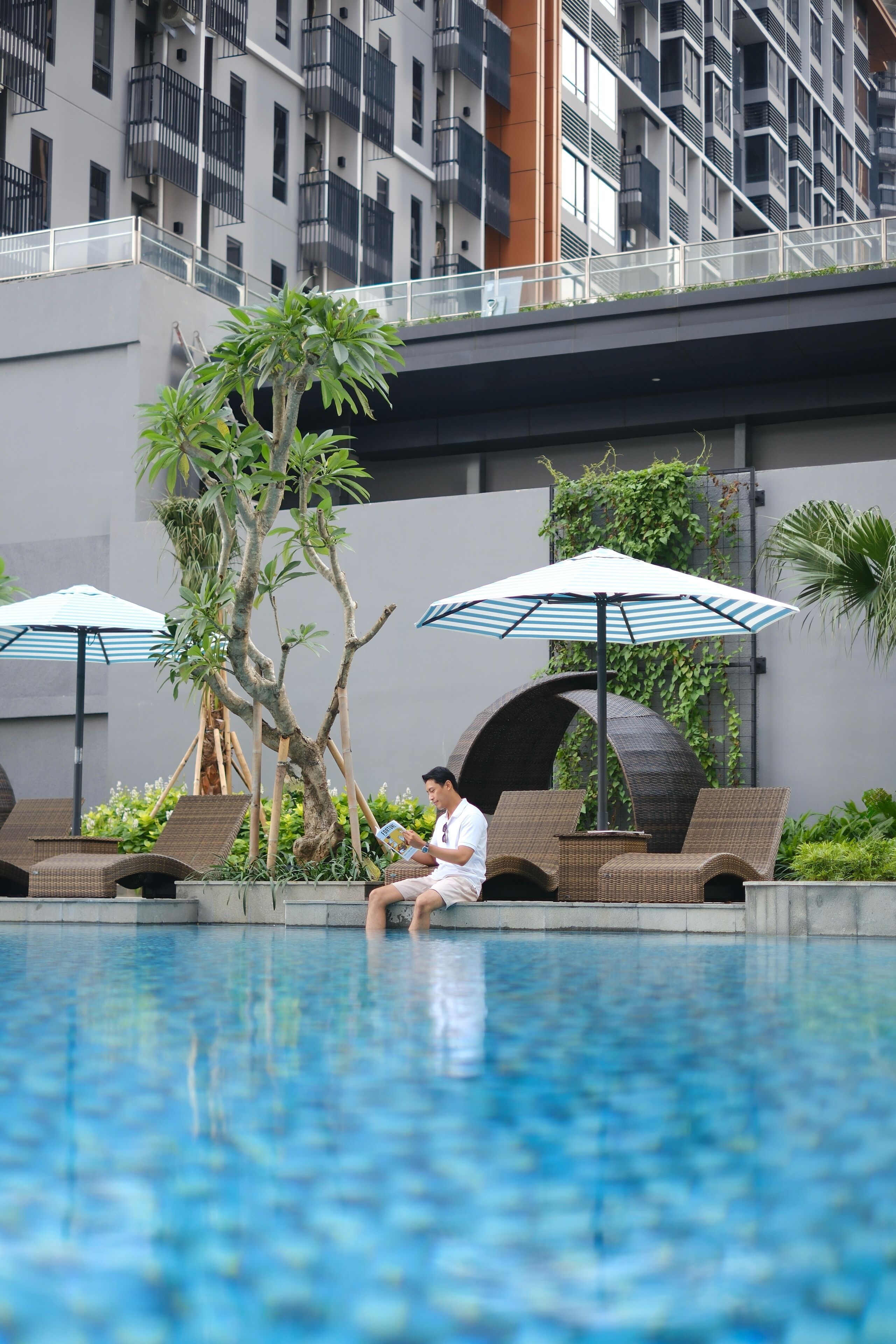 A pool area with lounge chairs and umbrellas, surrounded by greenery and a modern building in the background.