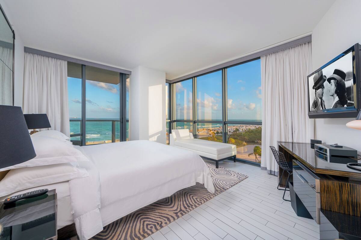 A modern hotel room with a large bed, a desk, and a view of the ocean.