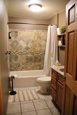 Secador de cabelo, toalhas de banho, sabonete, papel higiênico