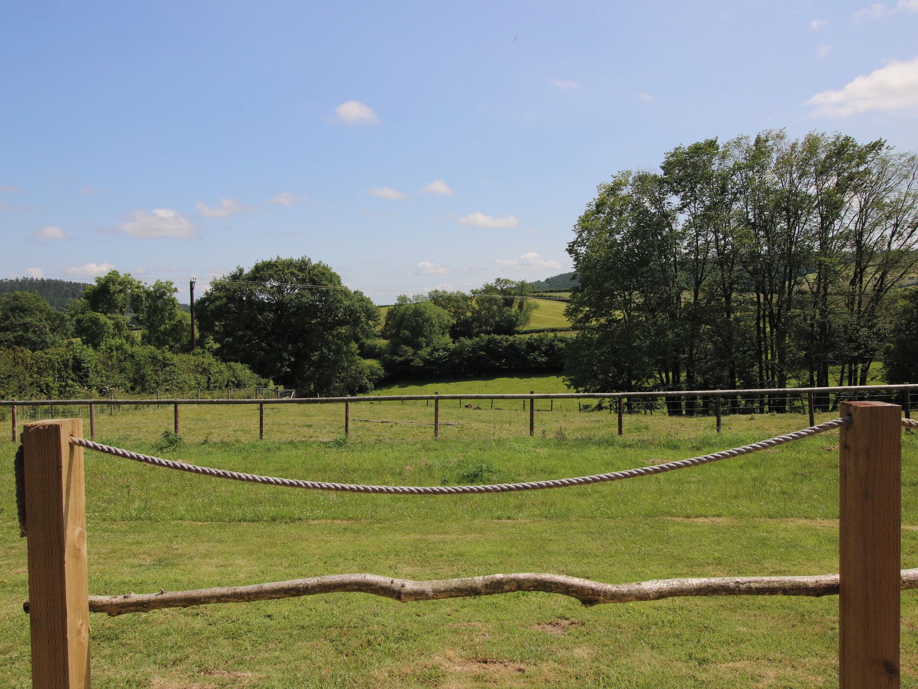 A rope barrier in a grassy field with trees in the background.