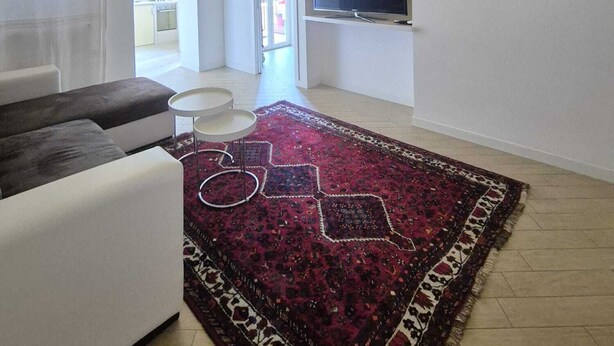 A modern living room with a sofa, a coffee table, a TV mounted on the wall, and a patterned rug. - If you feel like (Palermo)