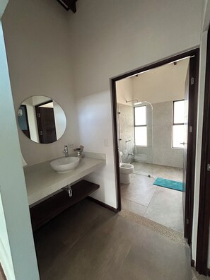 Shower, towels, toilet paper