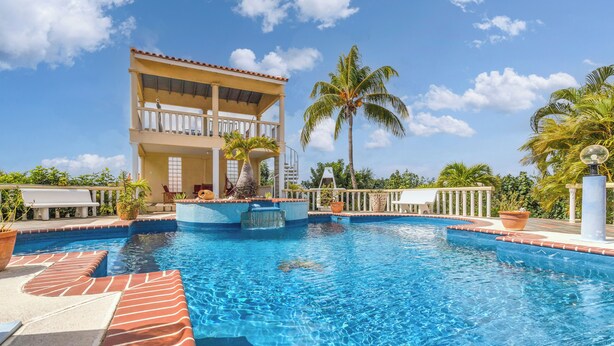A swimming pool with a two-story building, palm trees, and a clear sky. - La Pura Vista Resort (Kralendijk)