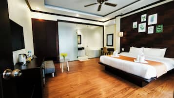 Junior Double Room, Poolside | In-room safe, desk, laptop workspace, blackout drapes