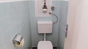 A small bathroom with a toilet, a toilet paper holder, and a showerhead. - Charming Vintage Vienna Getaway  67m² with A/C (Wien)