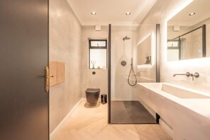 Shower, hair dryer, shampoo