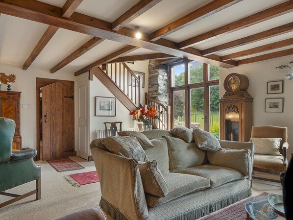 TV, fireplace, books