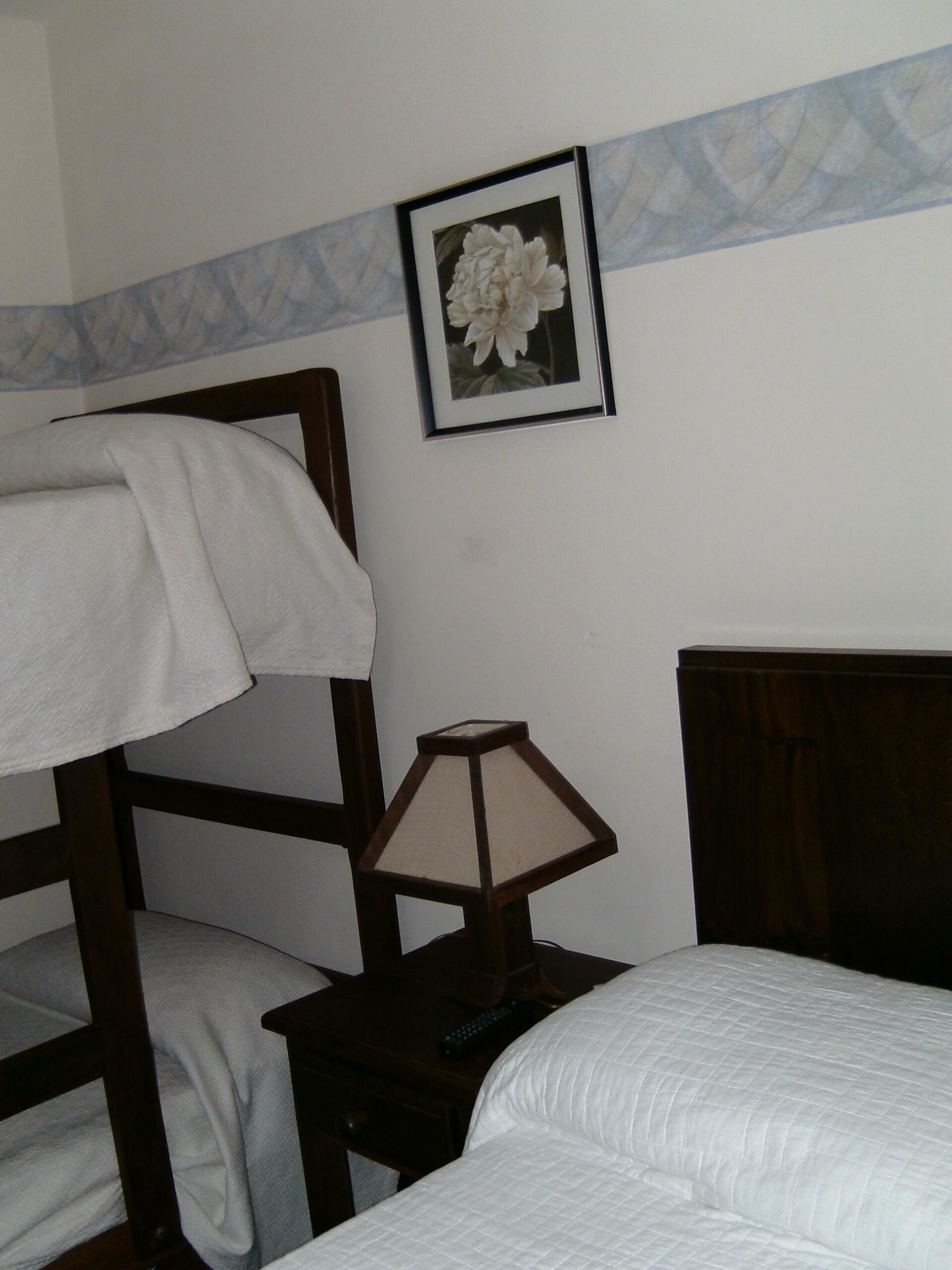 A bunk bed with a white blanket, a bedside table with a lamp, and a framed picture on the wall.
