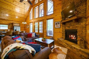 TV connectée, cheminée, livres, médiathèque