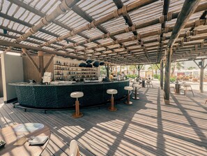 Private beach, white sand, free beach cabanas, sun-loungers