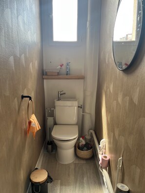 Hair dryer, towels, soap, toilet paper