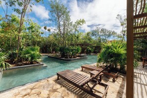 Outdoor pool, pool umbrellas, pool loungers