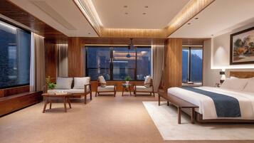 Desk, laptop workspace, blackout drapes, soundproofing