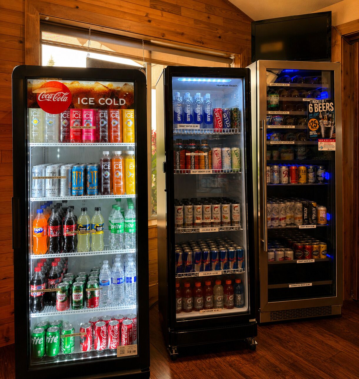 Three beverage vending machines with various drink options.