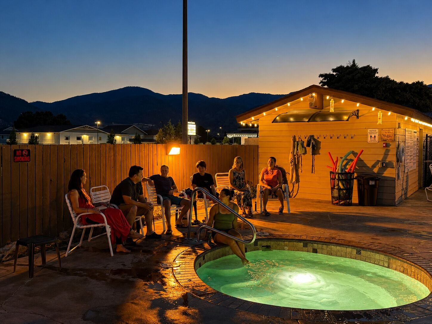 Un groupe de personnes est assis autour d’une piscine extérieure chauffée, au crépuscule, avec des montagnes en arrière-plan.