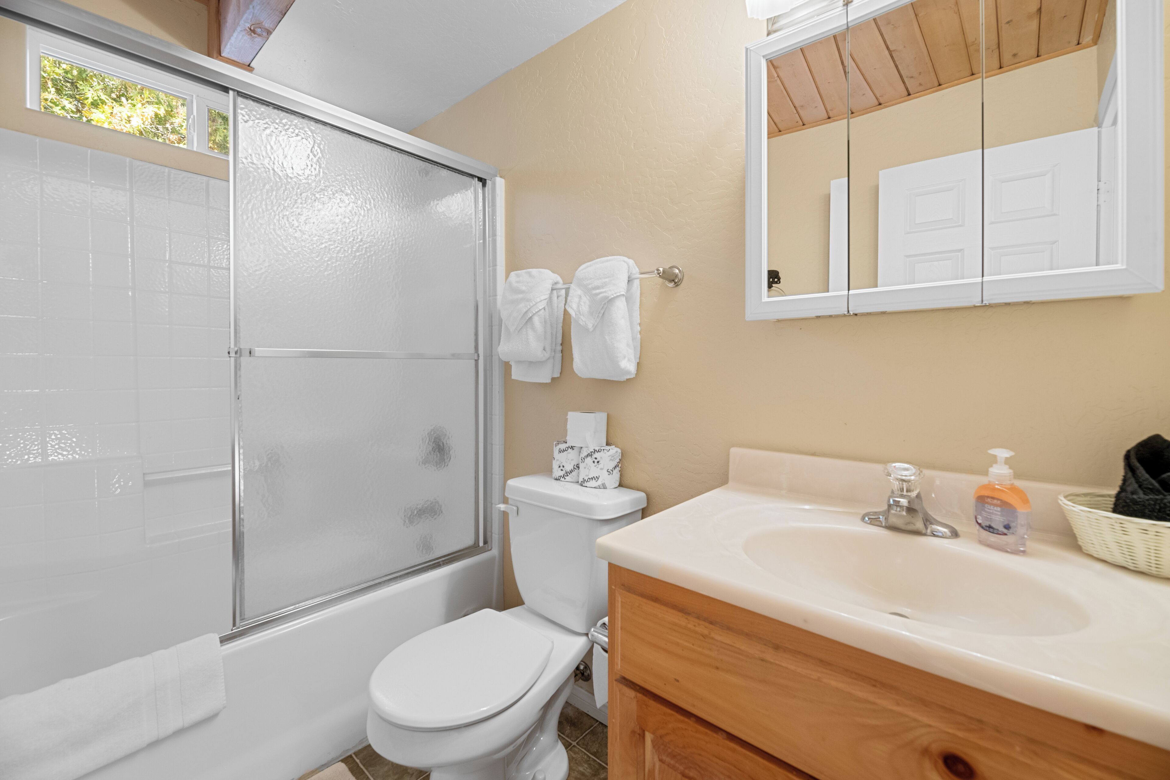 Une salle de bain avec une douche à parois de verre, des toilettes, un lavabo avec un meuble-vasque en bois et un miroir au-dessus du lavabo.