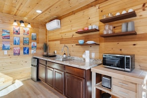 Fridge, microwave, stovetop, coffee/tea maker - Tiny Elk Cabin - 1BR Wilderness Retreat Near Grand Canyon w/ Outdoor Fireplace (Williams)
