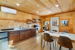 Fridge, microwave, stovetop, coffee/tea maker - Tiny Elk Cabin - 1BR Wilderness Retreat Near Grand Canyon w/ Outdoor Fireplace (Williams)
