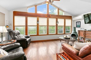 TV, fireplace, books