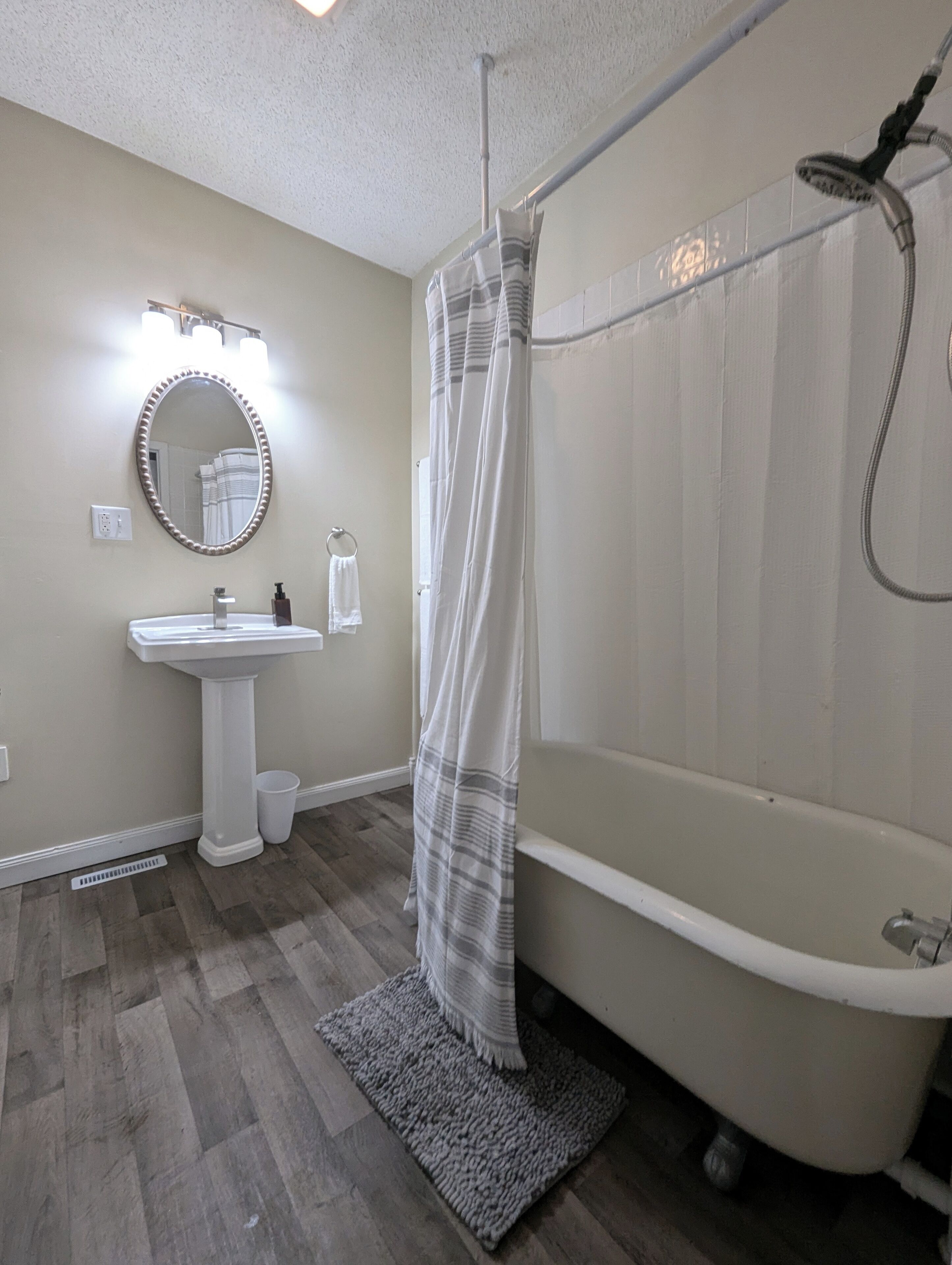 Hair dryer, towels, soap, shampoo