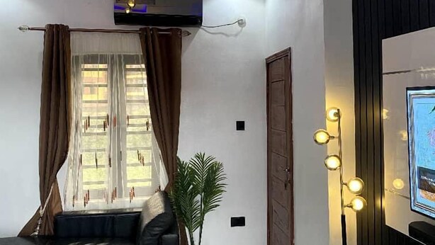 En moderne stue med en sort lædersofa, en potteplante og en loftlampe med flere pærer.