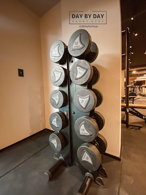 Un soporte mural para pesas con discos graduados de 2 a 18 kilogramos.