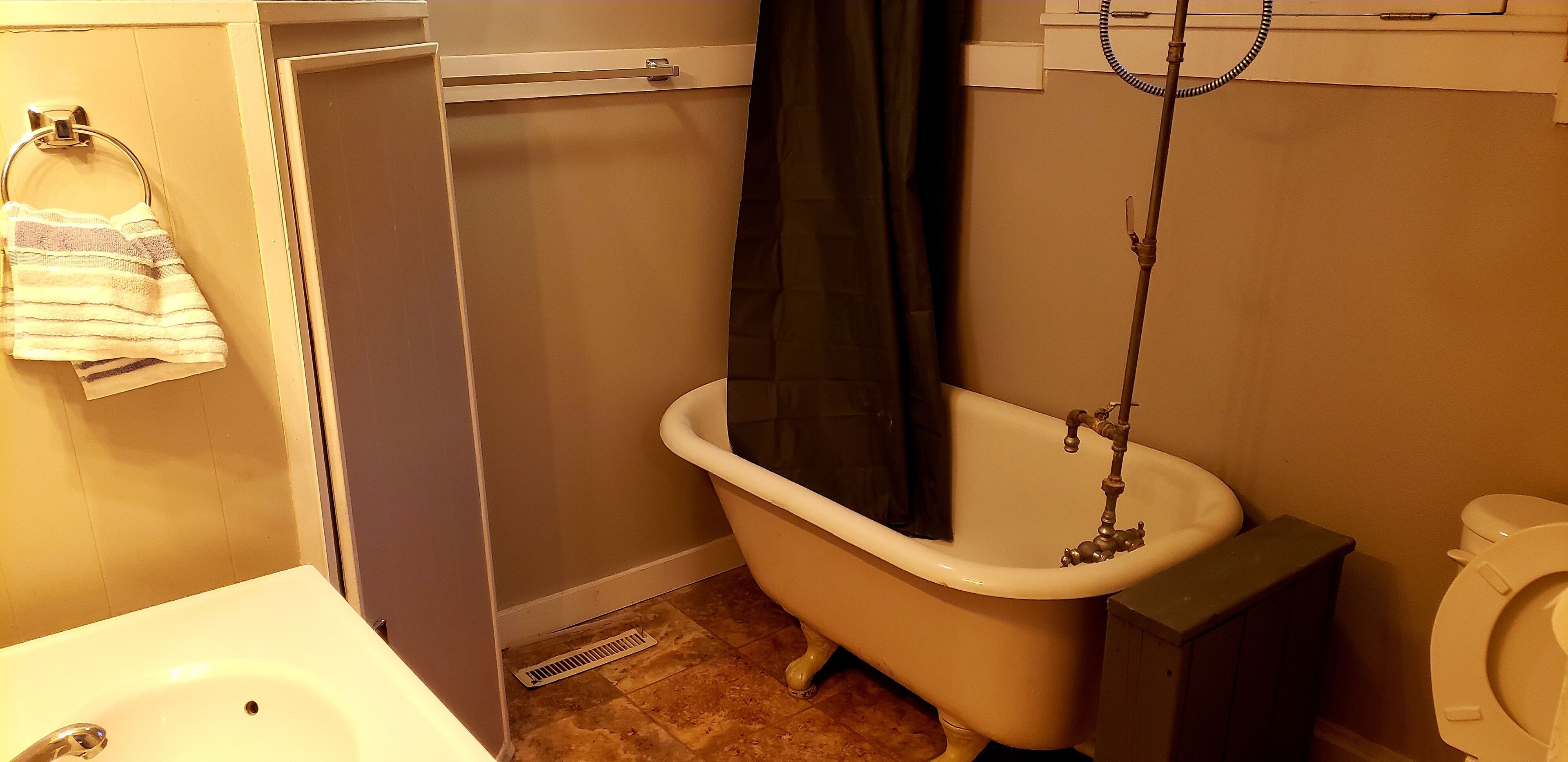 Hair dryer, towels, soap, toilet paper