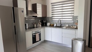 Een moderne keuken met een roestvrijstalen koelkast, een inbouwoven, een koffiezetapparaat en een spoelbak.