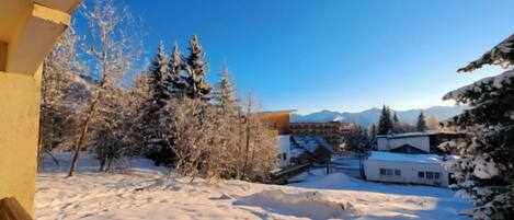 A snowy landscape with buildings and trees.