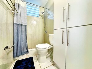 Hair dryer, towels, soap, shampoo
