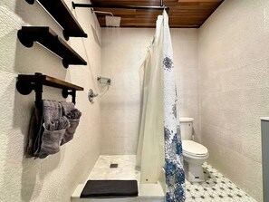 Douche, sèche-cheveux, serviettes fournies, savon