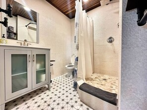 Douche, sèche-cheveux, serviettes fournies, savon