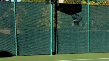 A basketball court with a hoop, surrounded by a chain-link fence and trees in the background.