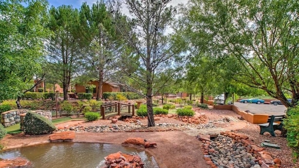 Un jardin aménagé avec un étang, un pont en bois et une variété d’arbres.