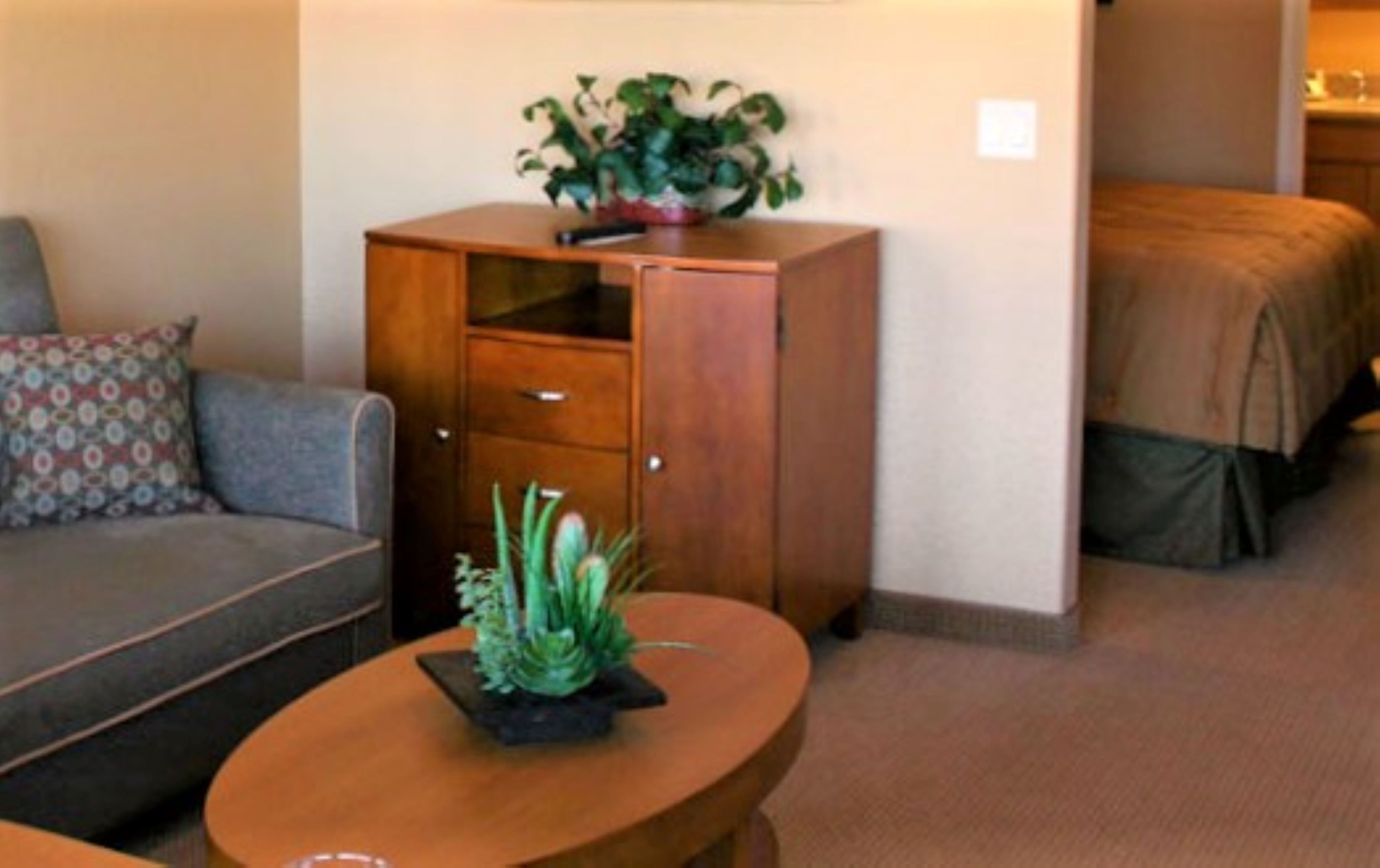 A hotel room with a sofa, a wooden cabinet, a round table with a plant, and a bed with a blanket.