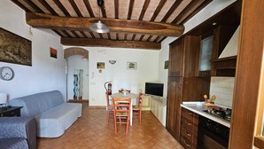 A compact living space with a dining area, kitchenette, and a sofa. - A two-room apartment, 10 minutes from Pisa. (Cascina)