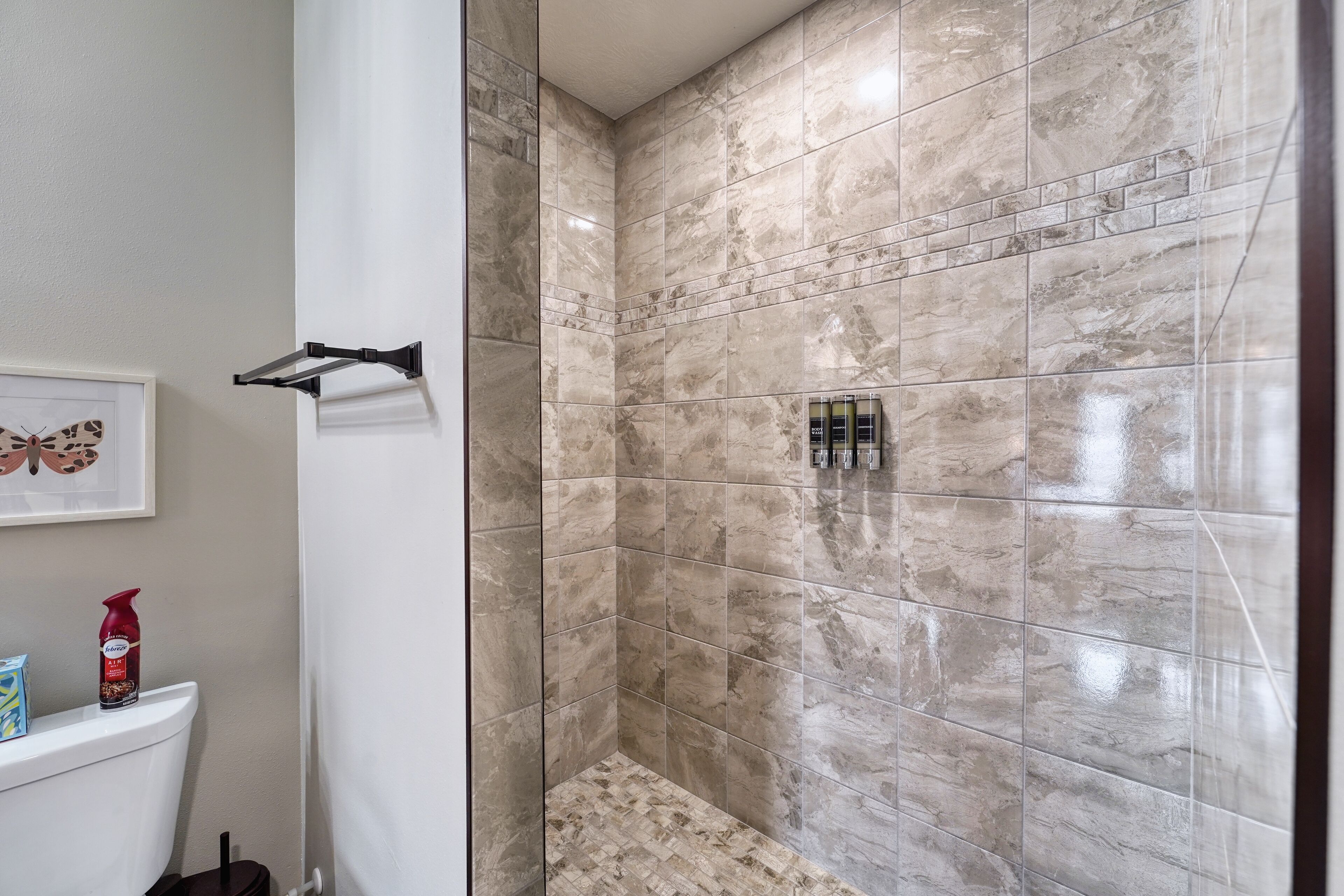 淋浴设施、吹风机、毛巾、肥皂