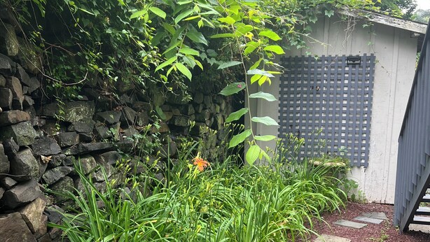 A garden with a stone wall, a wooden fence, and a gravel path. - Piermont Oasis (Piermont)