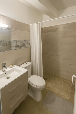 Regadera, toallas, papel de baño